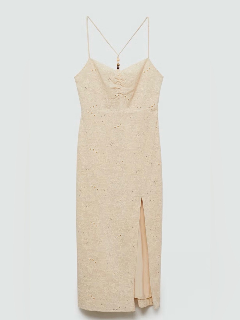 Mango Ivory Cream EMBROIDERED MIDI DRESS WITH SIDE SLIT and Beaded Back Detail